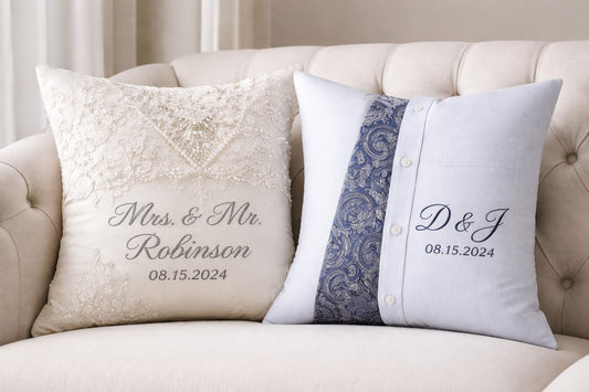 Custom Memory Pillow Set Made from Wedding Dress & Groom’s Shirt