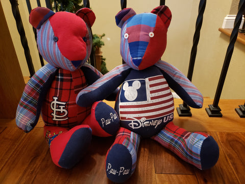 Memory bear keepsakes made from loved one's clothing and shirts