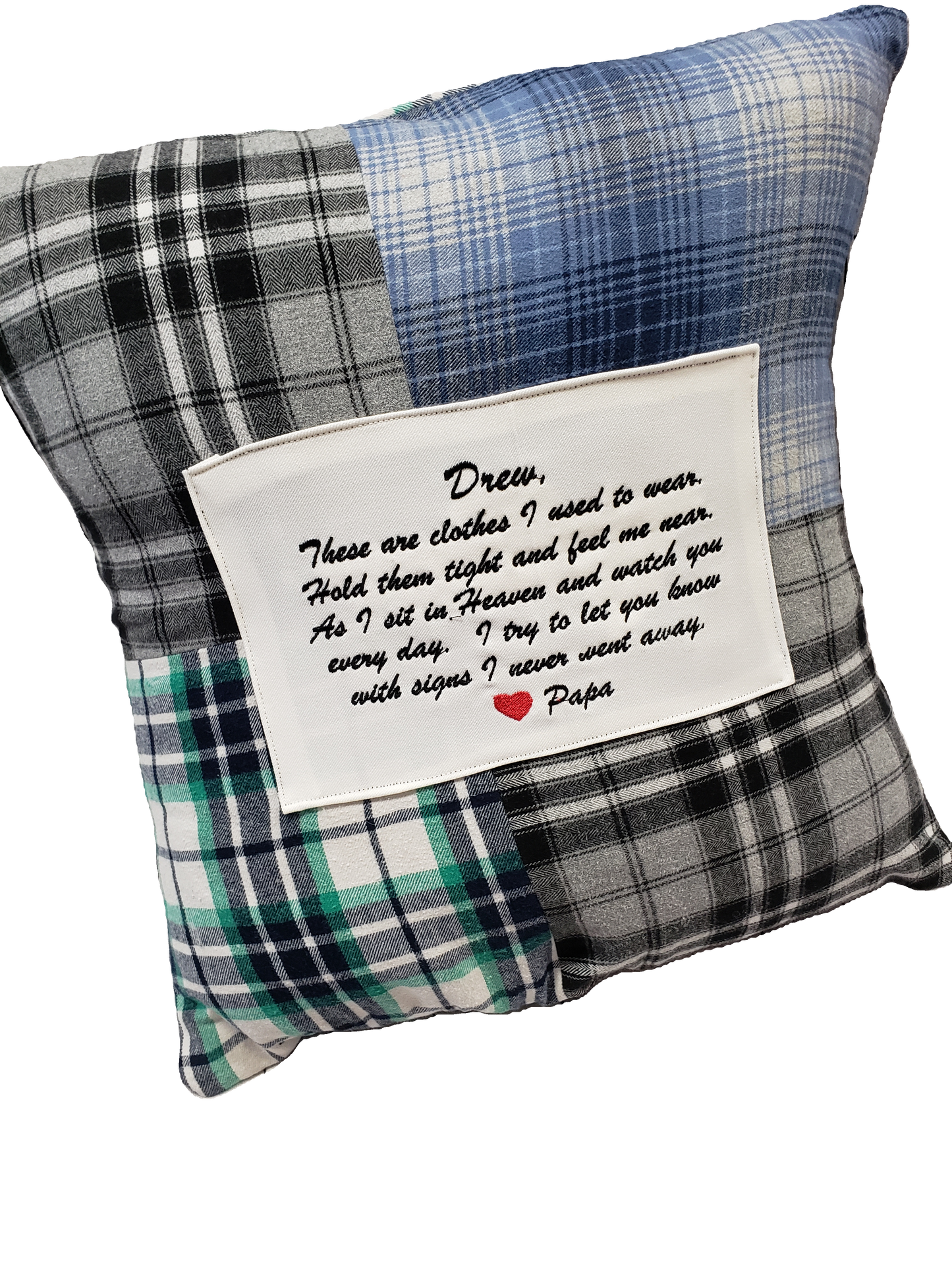 Patchwork Keepsake Memory Pillow Made from Loved Ones Clothing or Shirts