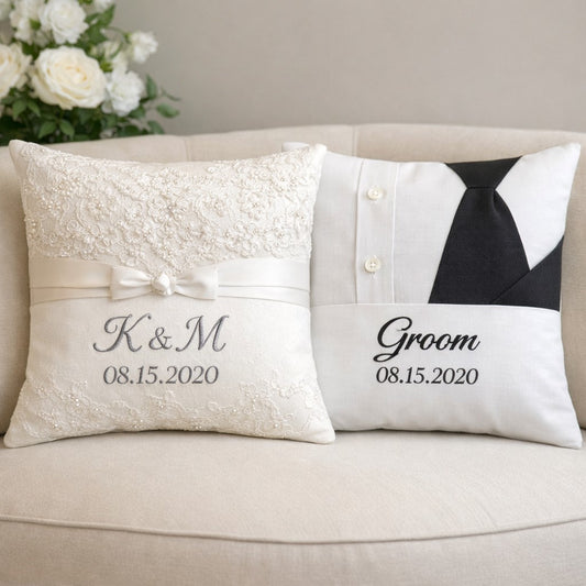 Custom Memory Pillow Set Made from Wedding Dress & Groom’s Shirt
