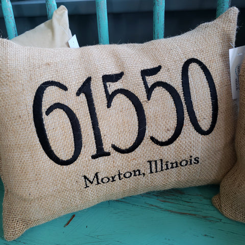 61550 Morton Embroidered Zip Code Burlap Pillow-InStore