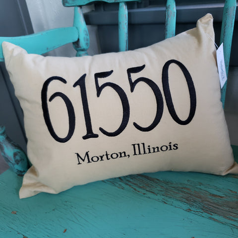61550 Morton Embroidered Zip Code Cotton Pillow- InStore
