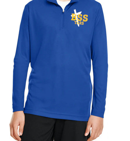 Distressed BSS Cross on 1/4 Zip Long Sleeved Performance Pull Over